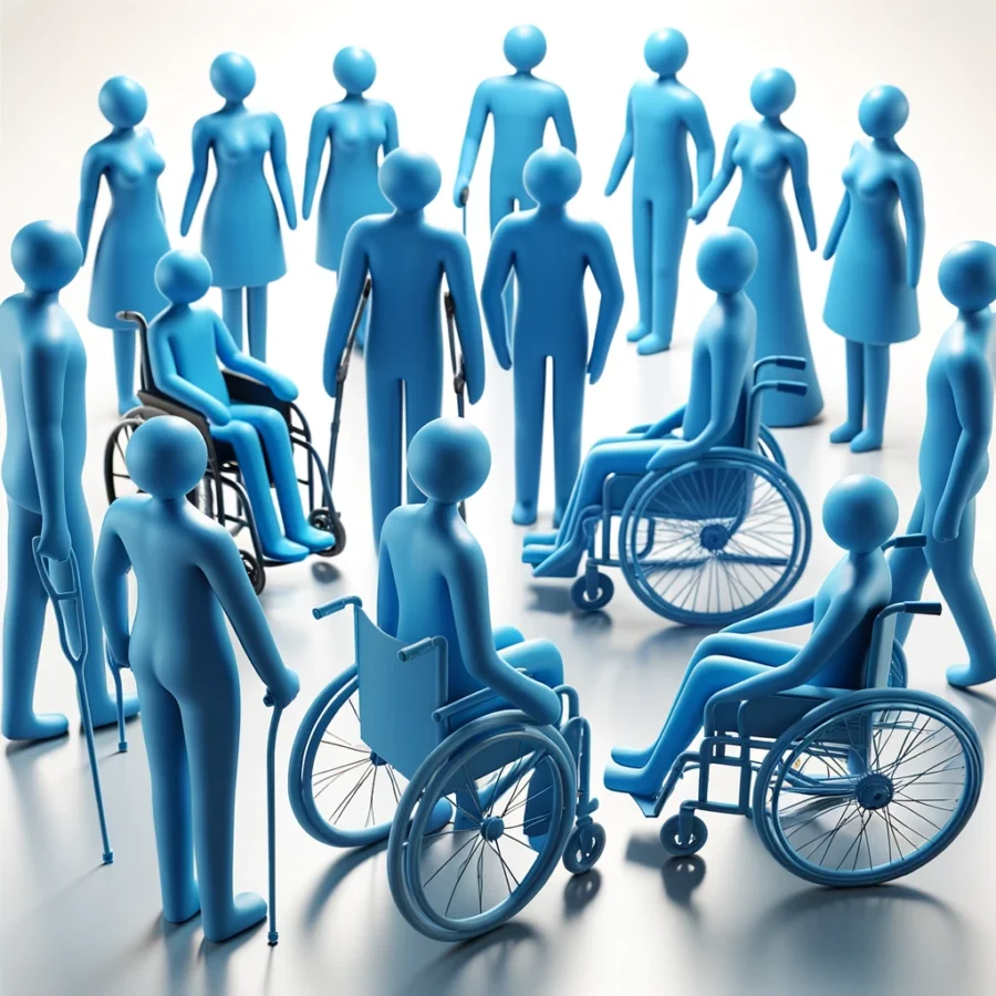 Immagine con figure blu in forma umana che rappresentano persone con e senza disabilità. Queste figure interagiscono armoniosamente tra loro e simboleggiano diversità e inclusione.