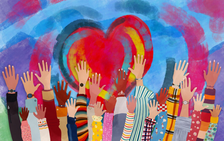 Un'illustrazione che rappresenta diverse mani alzate e un cuore